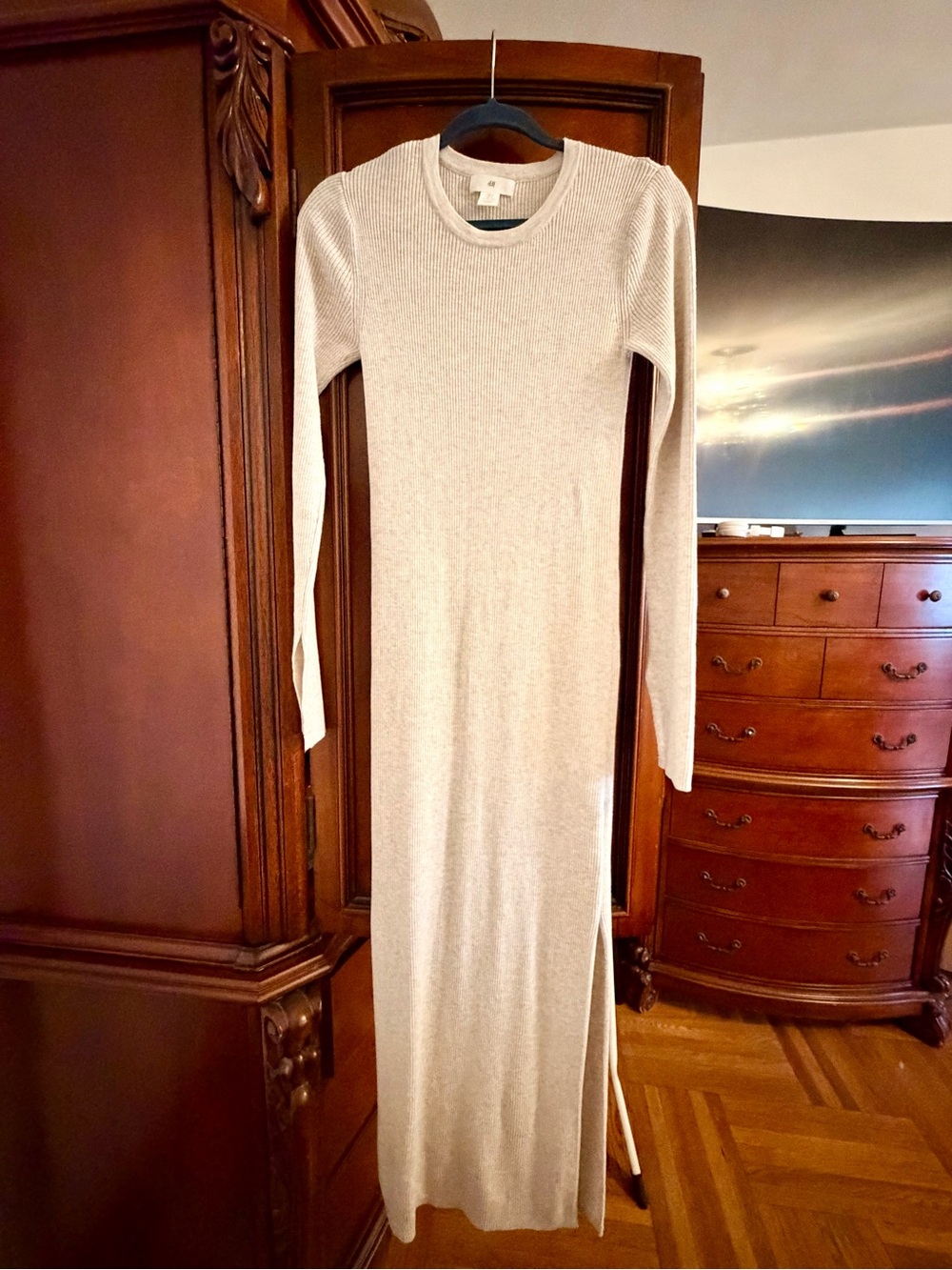 H&M Rib-knit Long Sleeve Dress with Side Slit Cream Small